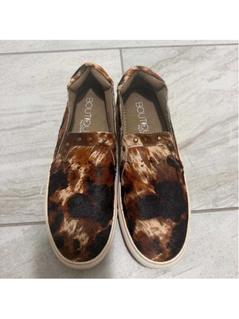 Boutique by Corkys Pine Top Cow Hide Print Studded Slip-On Sneakers Size 8
